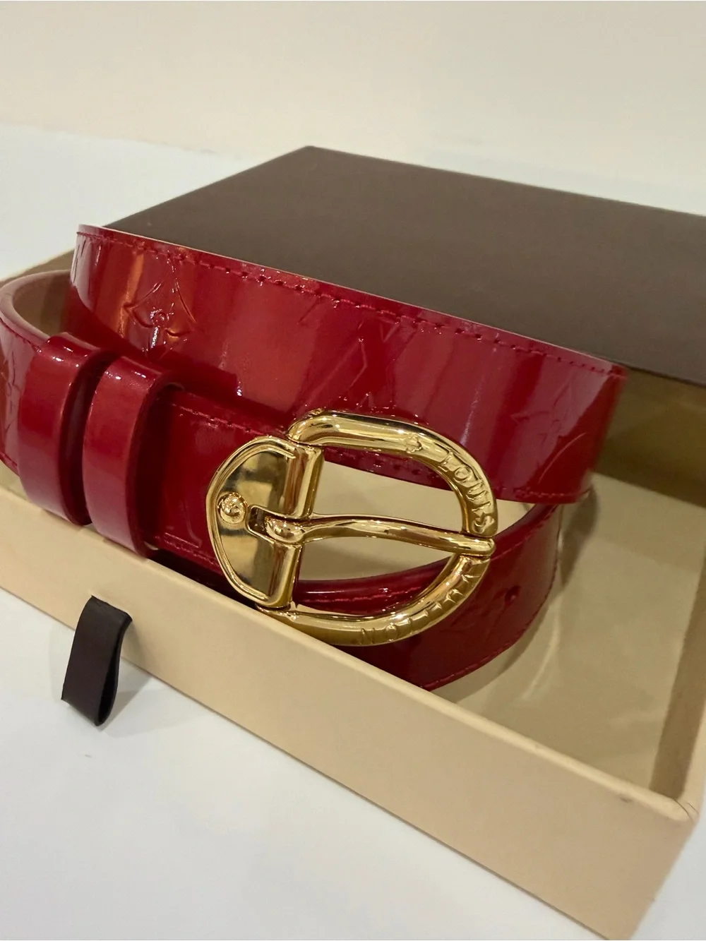 Authentic Louis Vuitton Women's Red Patent Leather Belt with Gold Buckle